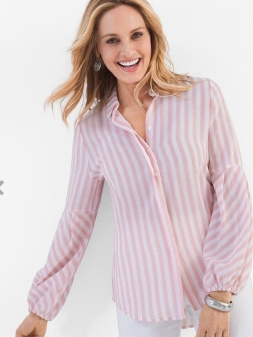 Chico's Pink and White Striped Button-Front Top